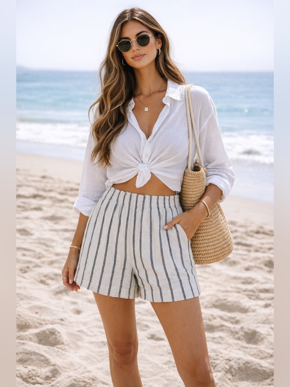 Urban Outfitters High Waist Stripe Linen Blend Shorts Small Coastal Nautical